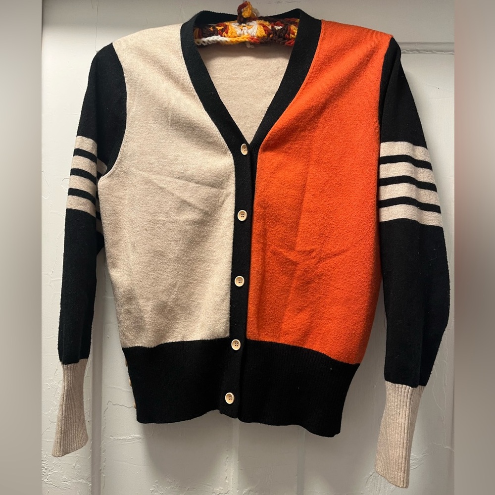 Wool Blend Colorblock Cardigan Sweater - Black, Orange, and Cream